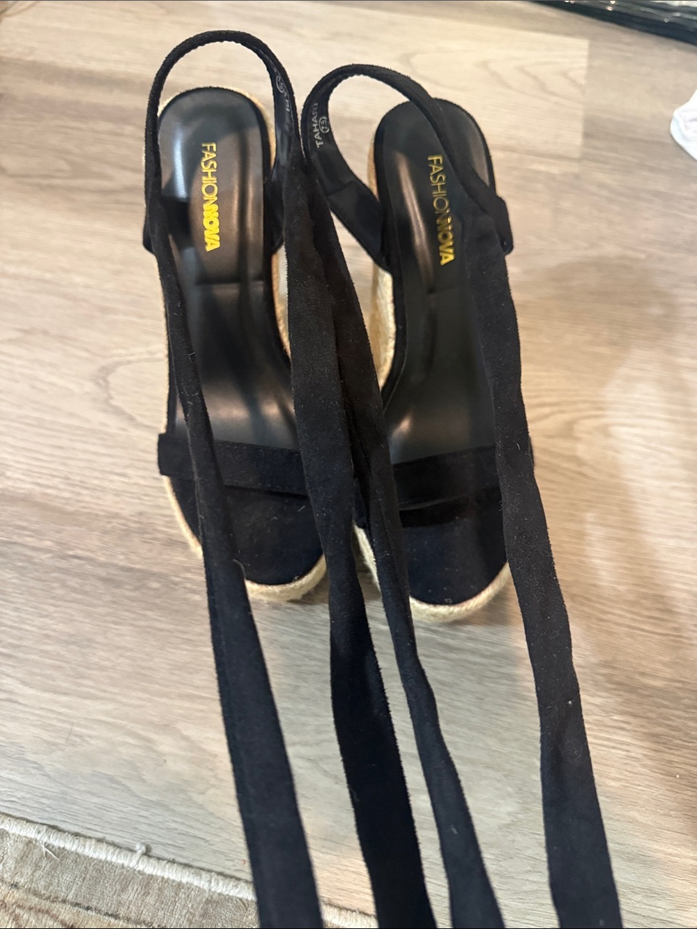 Fashion Nova Black Suede Espadrille Wedge Sandals with Ankle Ties